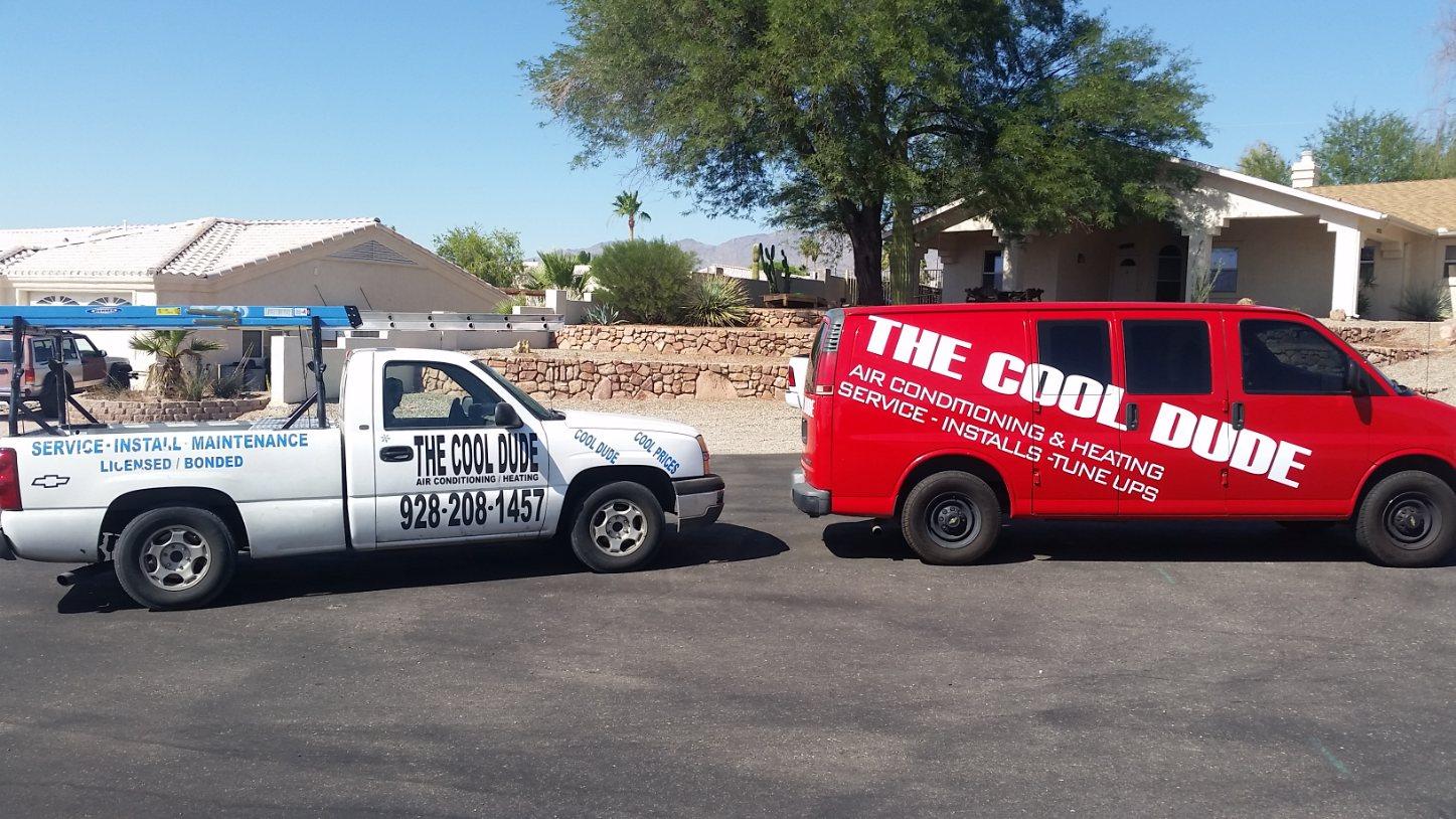 The Cool Dude HVAC service trucks providing air conditioning repair in Lake Havasu City Arizona